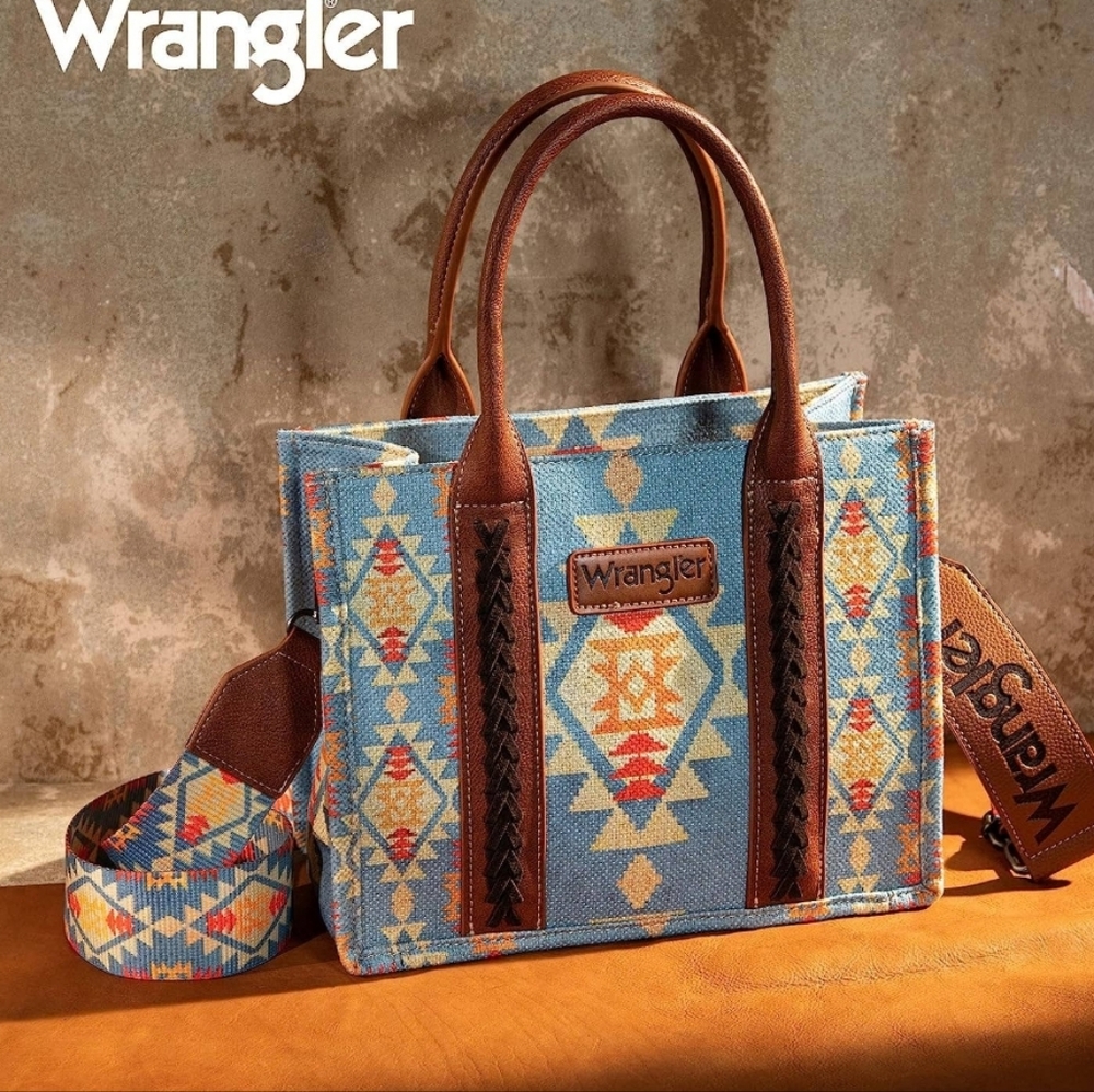 Wrangler Blue Aztec Canvas Tote with Brown Trim